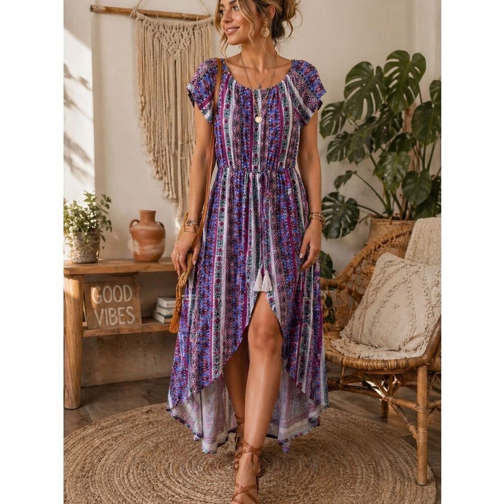Anthropologie Kristin Nicole Boho Floral Hi-Low Dress/Romper in Purple Paisley